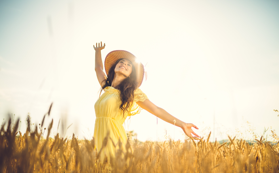 happy woman using positive affirmation card